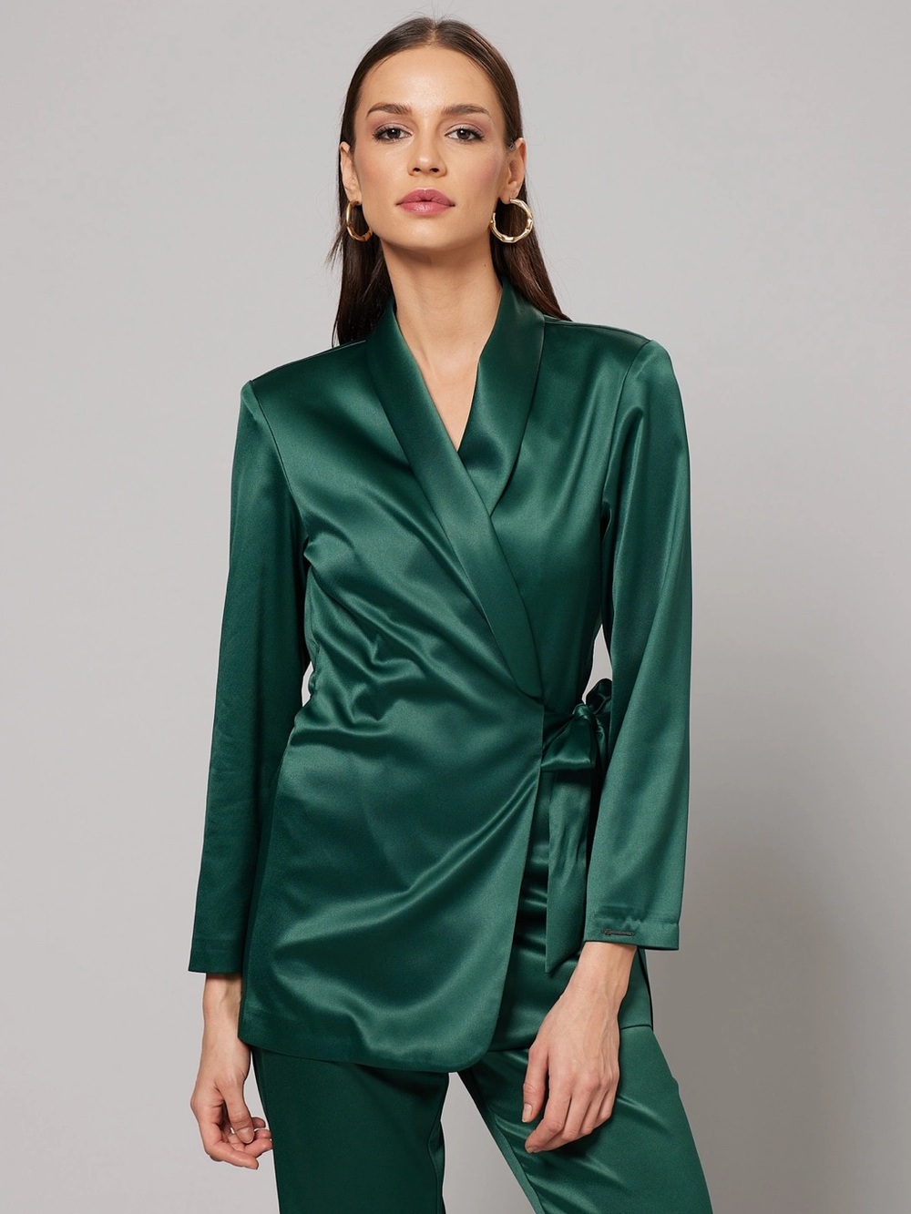 Satin Wrap Blazer in Emerald Green